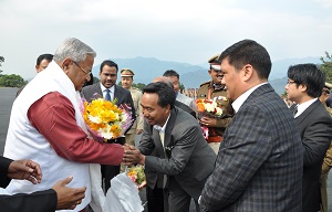 Governor designate Shri PB Acharya received by Chief Minister Shri Pema Khandu at Raj Bhavan Helipad, Itanagar on 28th January 2017.